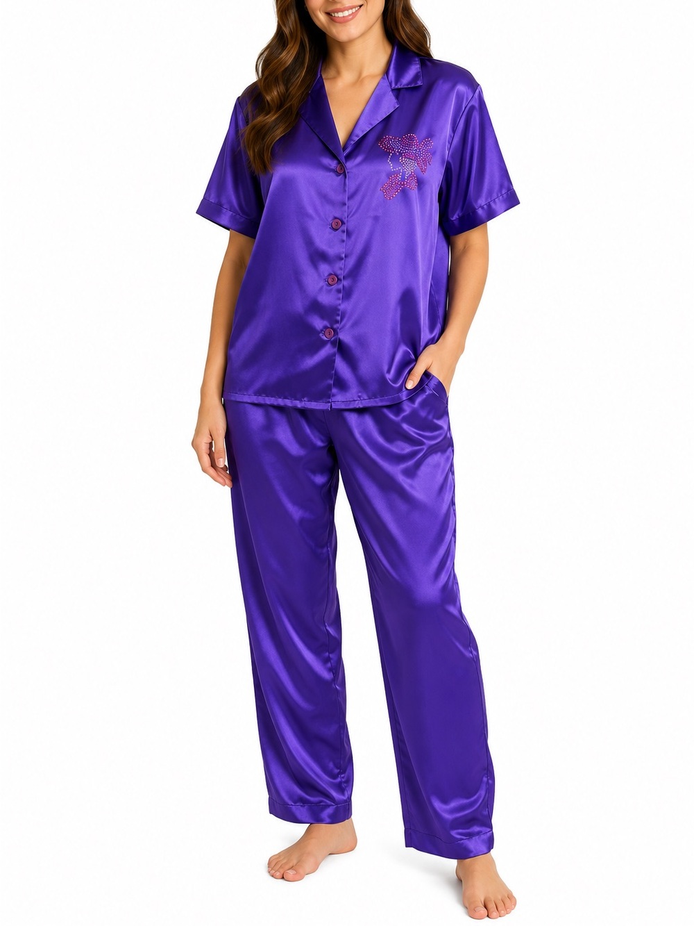 Vintage C.O.C. Purple Polyester Pajama Set Womens Size L Rhinestone Design